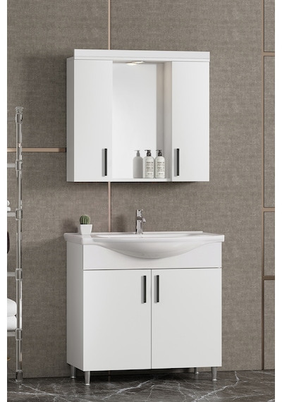 Özceden Leylak 80 Cm Beyaz Mdf Seramik Lavabolu Asma Banyo Alt Dolabı