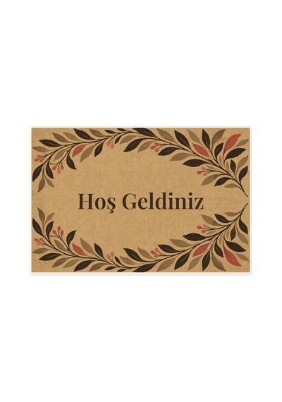 Kartela Halı Hoş Geldiniz Yazılı Yaprak Desenli Kapı Paspası Koko Kaymaz Kauçuk Taban 40x60 Cm