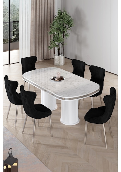 Canisa Galya Serisi Lak Panel 90x168 Sabit Beyaz Mermer Desen Mutfak Masa Takımı 6 Siyah Sandalye Beyaz Mermer Desen Masa Siyah Sandalye Krom Ayak Canisa Galya Serisi Lak Panel 90x168 Sabit Beyaz Mermer Desen Mutfak Masa Takımı 6 Siyah Sandalye Beyaz Mermer Desen Masa Siyah Sandalye Krom Ayak