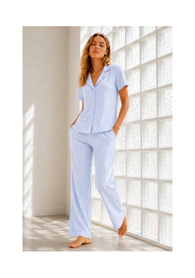 Fit Women Kadın Genç Loose İpliği Boyalı Mavi Pijama Takımı