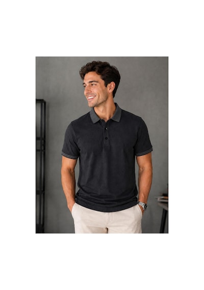 Roballi Erkek Çekmeyen Pamuklu Kumaş Kıvrılmaz Polo Yaka T-shirt Siyah