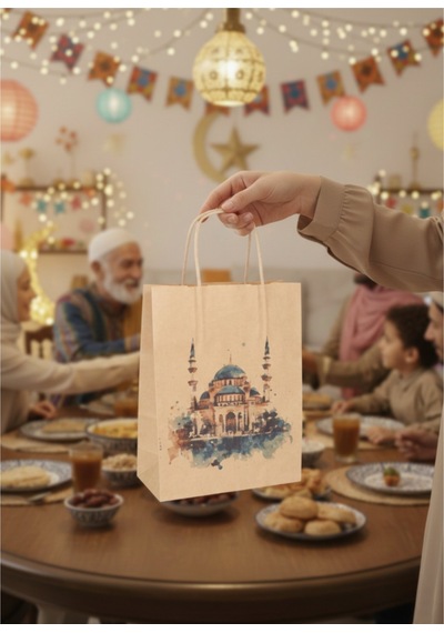 Ramazan Hediyelik Paketleme Çantası, 3lü Paket, Cami Tasarımlı Kraft Kağıt Çanta Seti, 8x18x23 Cm