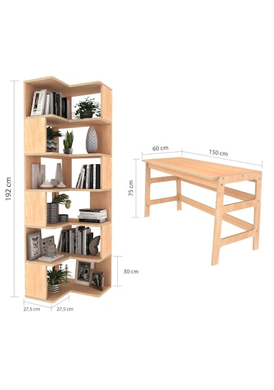 Woodesk Bohem, Ahşap, Masa Ve Köşe Kitaplık Takımı, Natural Renk Naturel