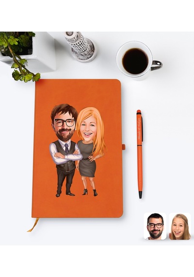 Kişiye Özel Sevgililer Karikatürlü Turuncu Termo Deri Defter Kale N11.2265