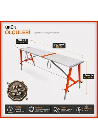 Alüminyum Gövdeli Çelik Ayaklı Teleskopik Katlanır İnşaat İskelesi - 400 Kg Taşıma Kapasitesi 90x36x200cm