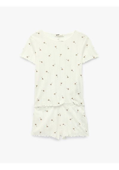 Koton Baskılı Kısa Kollu Bisiklet Yaka Şortlu Pijama Takımı Beyaz 6slk40202mk