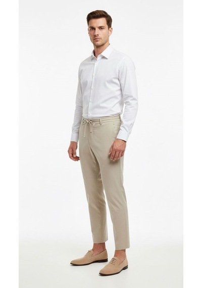 Plus Scorpion Erkek Bağcıklı Lastik Belli Slim Fit Kumaş Pantolon Rahat Kalıp, Günlük & Şık Kombin Pantolonu Açık Bej