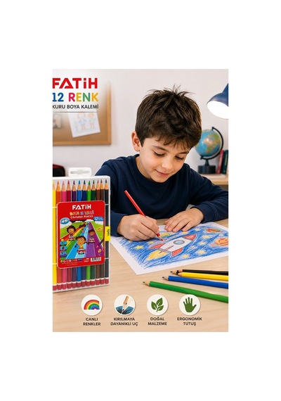 12 Li Kuru Boya Kalemi Plastik Kutu 1 Paket Fatih 12 Renk Kuruboya Tam Boy Renkli Kalem Kolay Açılabilir Canlı Renk Çok Renkli