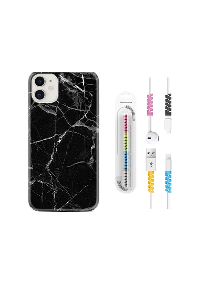 Apple Uyumlu iPhone 12 Kılıf Kablo Koruyuculu Fragile Black Mermer 1378