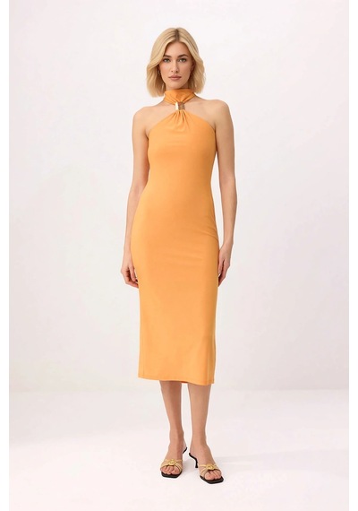 Benerly Kadın Bodycon Halter Yaka Kolsuz Midi Esnek Örme Elbise Aksesuar Turuncu