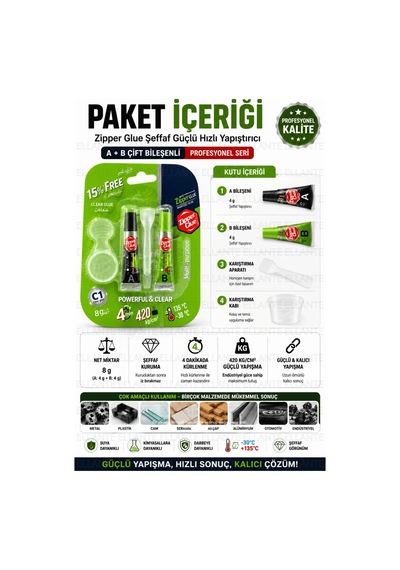 Zipper Glue Şeffaf Çift Bileşenli Güçlü Yapıştırıcı 8 Gr A+b Hızlı Metal Cam Plastik Seramik Ahşap T