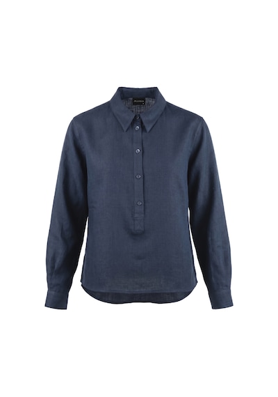 Goffra Kadın Solo %100 Doğal Keten Gömlek -- Klasik Yaka Basic Minimalist Tasarım Lacivert W208-k0401-03