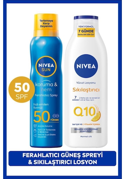 Sun Spf50 Güneş Koruyucu Ferahlatıcı Sprey 200ml Ve Q10 7 Günde Sıkılaştırıcı Vücut Losyonu 250ml