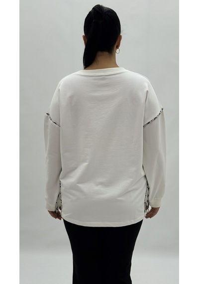 Büyük Beden Pamuklu Taşlı Uzun Kol Oversize Kadın Sweat Beyaz