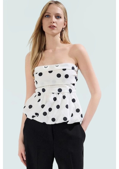Ersefa Kolsuz Terrycotton Bluz Puantiyeli Desen Fitted Kalıp Yazlık Konf Beyaz