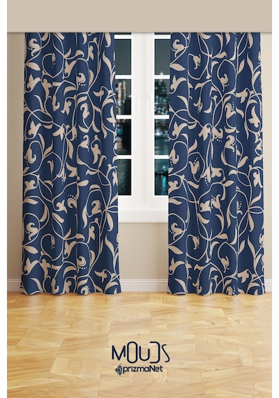 Navy Vintage 2 Desenli Süet Oturma Odası Salon Fon Perde Baskılı Ekstrafor Büzgü 2 Kanat Prd-1065 Çok Renkli