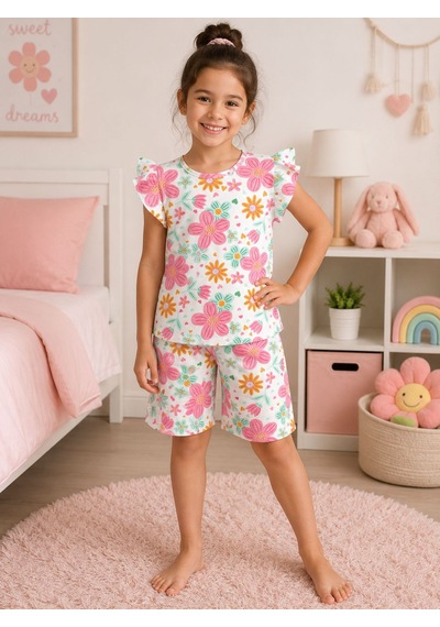 Aliş Kids Kız Çocuk Pamuklu Beyaz Pembe Çiçek Desenli Kolları Fırfırlı Kısa Kollu Şortlu Yazlık Pijama Takımı Pembe Beyaz Aliş Kids Kız Çocuk Pamuklu Beyaz Pembe Çiçek Desenli Kolları Fırfırlı Kısa Kollu Şortlu Yazlık Pijama Takımı Pembe Beyaz