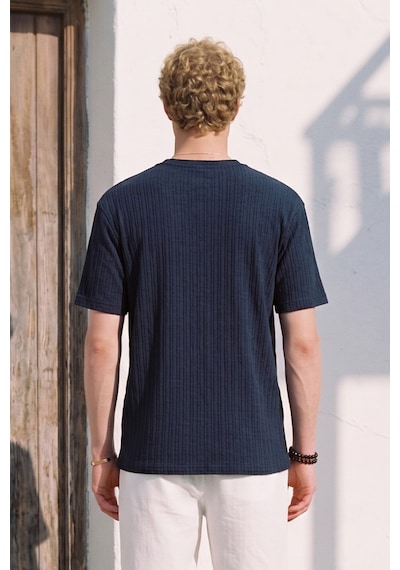 Barrels And Oıl Erkek Bisiklet Yaka Burgu Desen T-shirt - Lacivert Lacivert