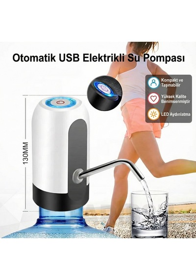 Alaska Şarjlı Otomatik Damacana Su Pompası Usb Kablolu, Dokunmatik, Pratik Su Sebili Siyah Beyaz