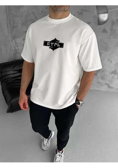 Yake Store Unisex Bisiklet Yaka Baskılı Double Oversize T-shirt - Beyaz - Beyaz