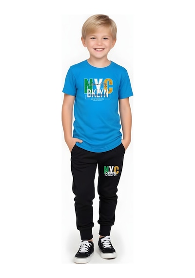 Fyk Kids Erkek Çocuk Mevsimlik Nyc Broklyn Baskılı Alt-üst Takım Mavi