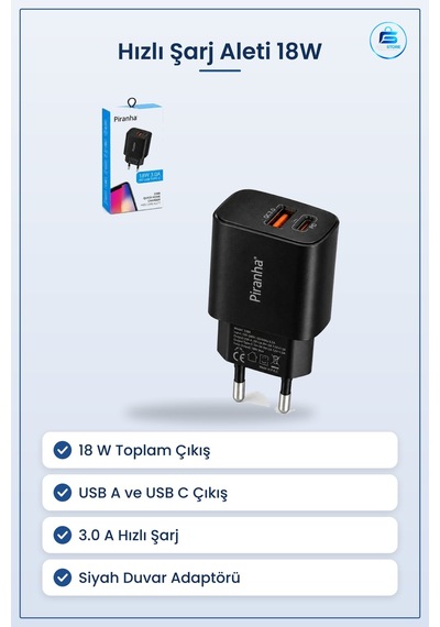 Şarj Aleti 18w 3.0a Hızlı Usb A Ve C Pd Çıkışlı Siyah Ev Tipi Duv