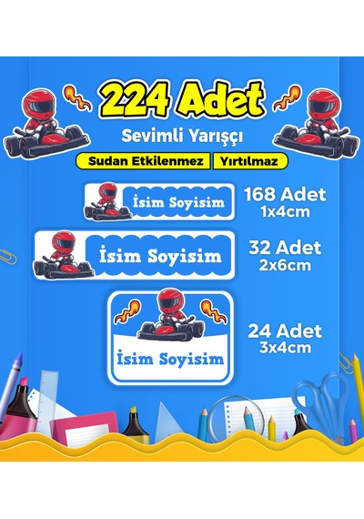 Sevimli Yarışçı Temalı Okul Kreş Kişiye Özel İsim Etiket Seti - Model 281 Çok Renkli