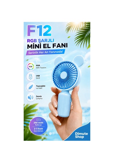 F12 Mini El Fanı Şarjlı Taşınabilir Usb El Vantilatörü Mavi - 886035522