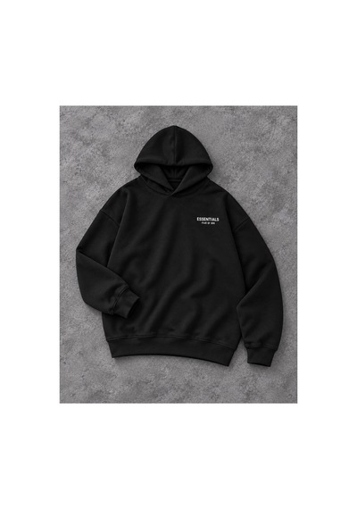 Genel Markalar Unisex Oversize Pikeli Double Face Kapüşonlu Sweatshirt Siyah