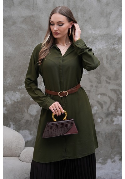 Polologin Butik Dökümlü Haki Yeşil Tunik Haki