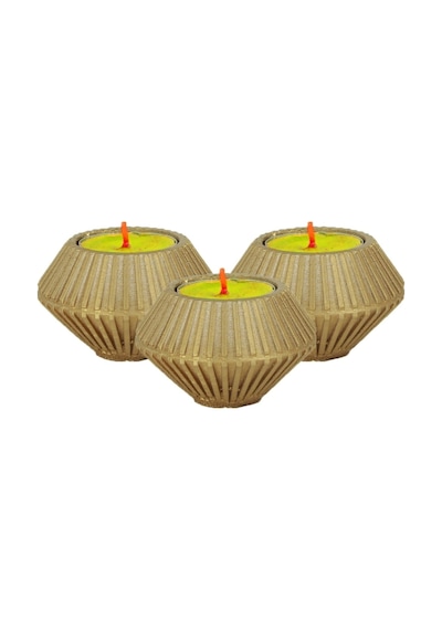 Mumluk Şamdan 3 Adet Tealight Uyumlu Elmas Çizgili Model - Altın