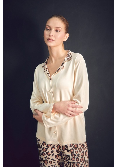 Fullamoda Leopar Desenli Gömlek Yaka 2 Li Pijama Takımı 24mıcg631216532-bej Bej