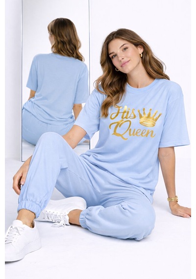 King Queen Sevgili Kombini Oversize Çift Tişört Unisex Partner Ko Mavi