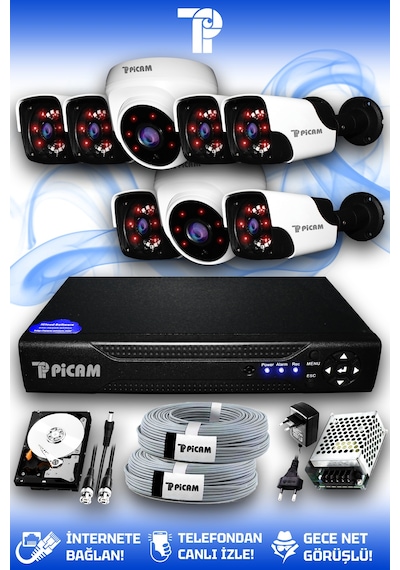 Picam 8 Kameralı Panda 2 İç Kamera Set 250 GB HDD Full HD Gece Görüşlü Güvenlik Kamerası Sistemi