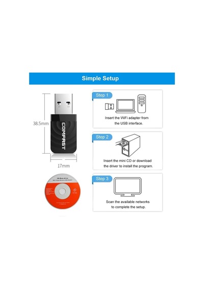 Schulzz Comfast 1300 Mbps USB Mini Wi-Fi Adaptörü Rtl811 5Ghz Kabl