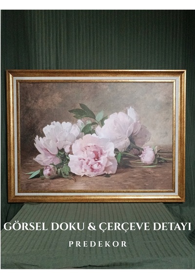 Gold Çerçeveli Vintage Natürmort Dekoratif Tablo - Pembe Çiçekler - 80x60 Cm