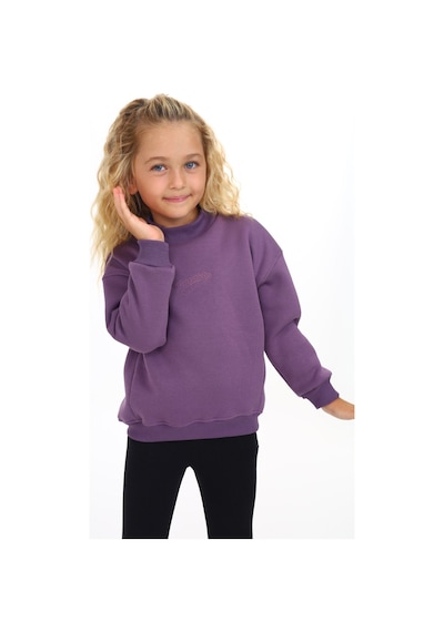 Kız Çocuk Relax Fit Dik Yaka Düşük Omuz Nakış Baskılı Sweatshirt - 3 İplik Şardonlu Mor