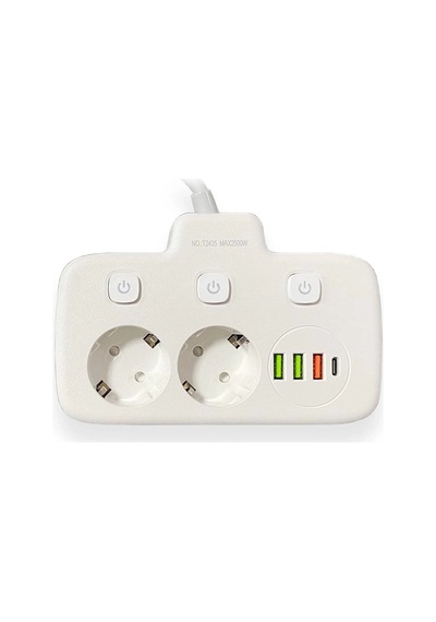 Akım Korumalı 2 Li Ayrı Anahtarlı Priz, 2x Priz, 3x Usb, 1x Type-c, 2 Mt Kablo, Hızlı Şarj 0