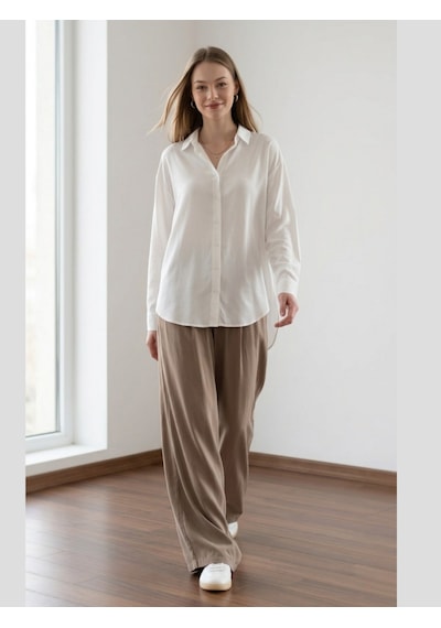 Pera Moda Oversize Arkası Uzun Tiril Tiril Viskon Kadın Gömlek Beyaz