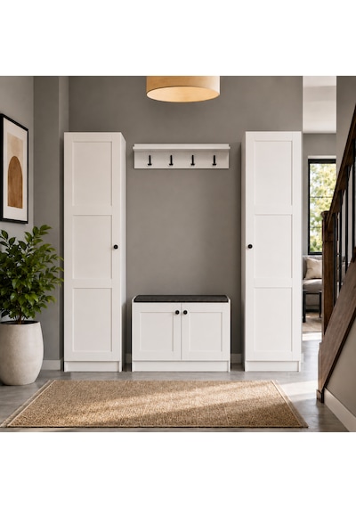 Lucas Çift Boy Dolaplı Portmanto Vestiyer Ayakkabılık Askılıklı Oturma Banklı Antre Dolabı 182x170x35 Cm Beyaz Lucas Çift Boy Dolaplı Portmanto Vestiyer Ayakkabılık Askılıklı Oturma Banklı Antre Dolabı 182x170x35 Cm Beyaz