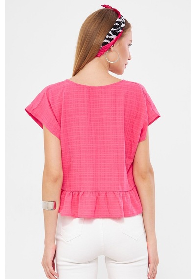 Armonika Kadın Fuşya Yarasa Kol Yakası Bağlamalı Eteği Fırfırlı Oversize Crop Bluz Arm-24y001088