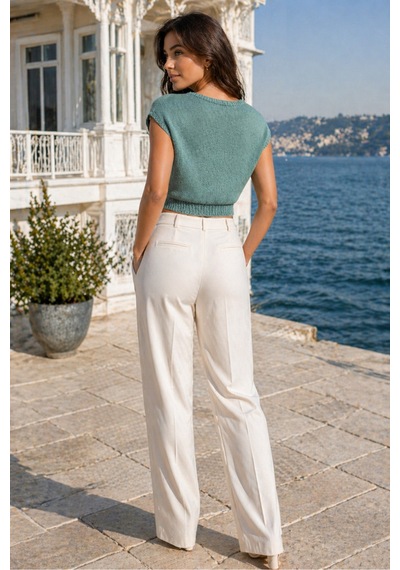Aqefashion Kadın Kayık Yaka Kolsuz Pamuklu Boyu Ayarlanabilir Lastikli Rahat Yumuşak Crop Mint Triko Bluz