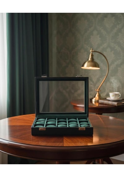 Lüks 15 Yuvalı Lüks Deri Cam Kapaklı Şık Tasarıma Sahip Saat Saklama Kutusu Ebat 34x24x8 Cm Yeşil