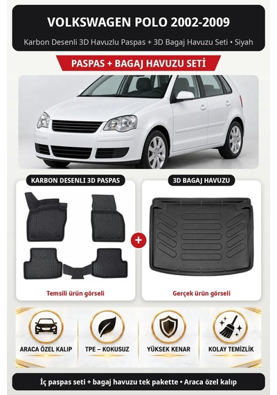 Volkswagen Polo 2002-2009 Araca Özel Karbon Desenli 3d Paspas Bagaj Havuzu Set Siyah