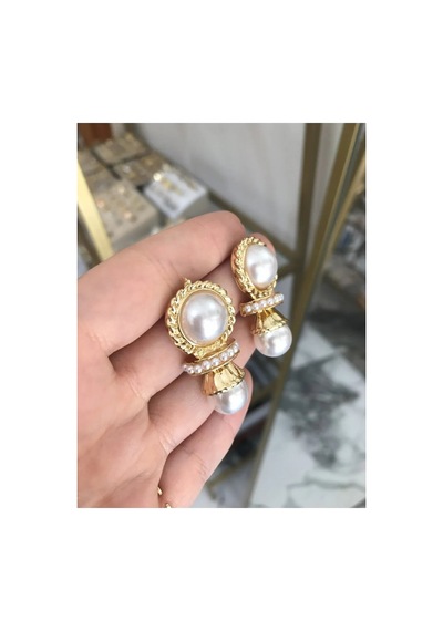İnci Detaylı Vintage Model Küpe Altın