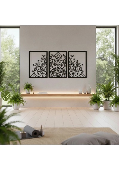 Mandala Metal Tablo 3'lü Yatay Set Detaylı Sanat Duvar Dekoru
