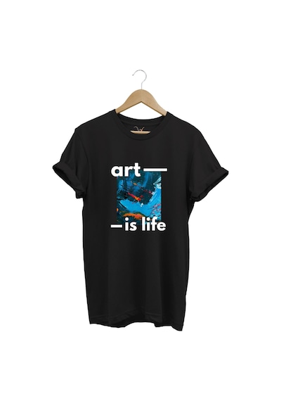 Sanatsal Renkli Tasarım Baskılı Art İs Life Yazılı %100 Pamuk Regular Fit Unisex T-shirt Siyah