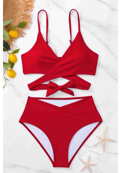 Angelsin Şık Bel Kuşak Detaylı Bikini Üstü Kırmızı 001