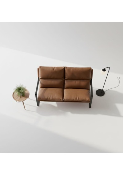 Sller Modern İkili Koltuk - Loft Tasarım Deri/kumaş Bahçe Ve Balkon Kanepesi - Metal İskeletli 130 Cm Taba