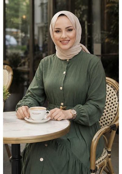 Hb Harma Time Butik Kadın Düğmeli Kemerli Çilek Kumaş Haki Elbise